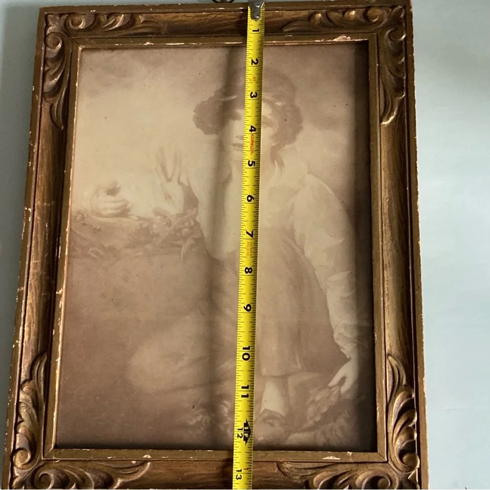 Antique Framed Sepia Tone Child With Rabbit